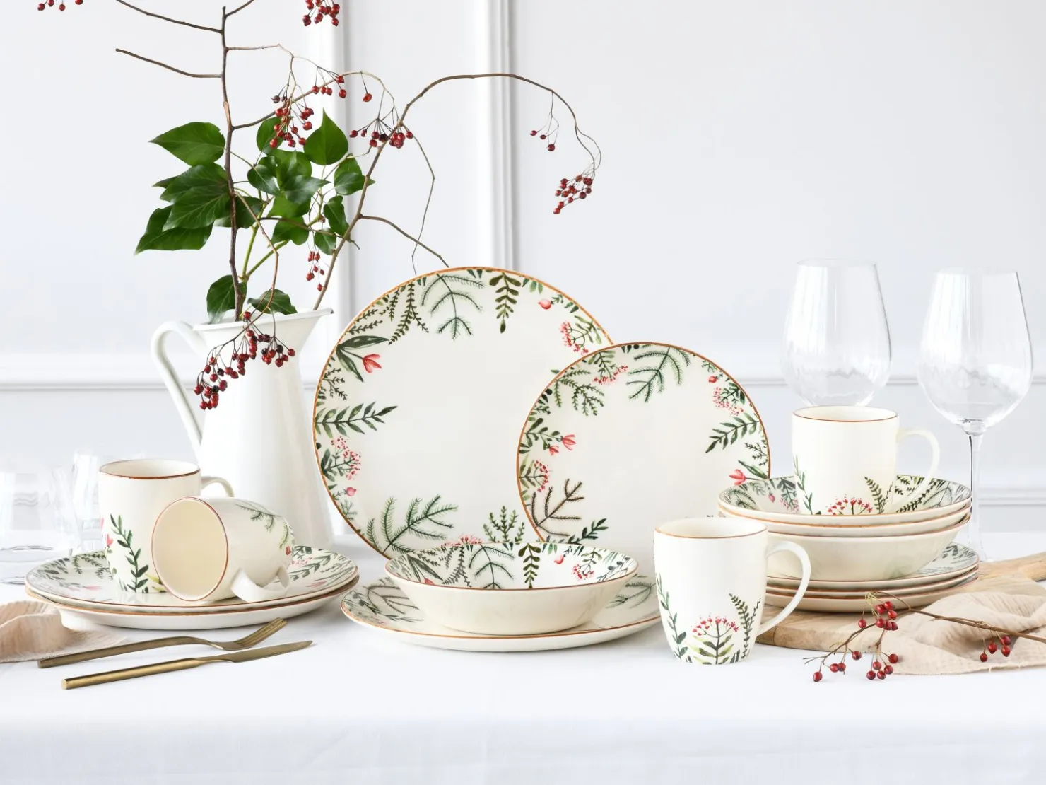 Creatable Geschirrset|Greenery Leaves - Kombiservice 16-tlg - Weiss